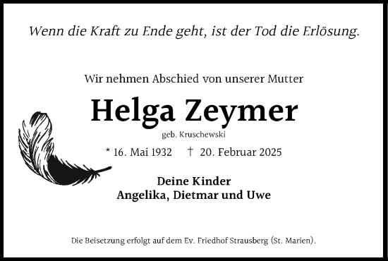 Traueranzeige von Helga Zeymer von Märkische Oderzeitung