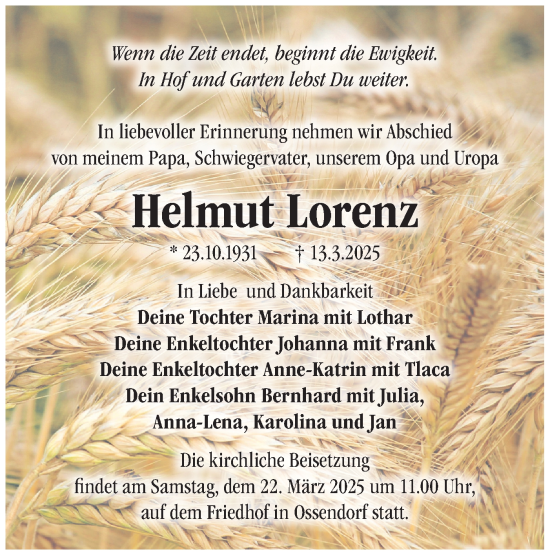 Traueranzeige von Helmut Lorenz von Märkische Oderzeitung
