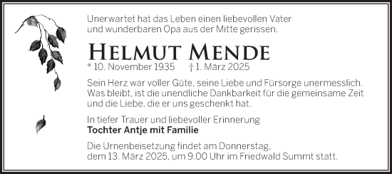 Traueranzeige von Helmut Mende von Märkische Oderzeitung