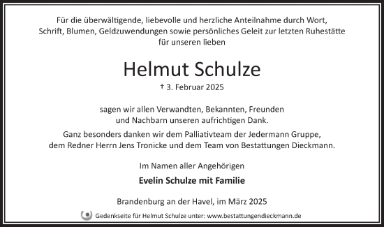 Traueranzeige von Helmut Schulze von Märkische Oderzeitung