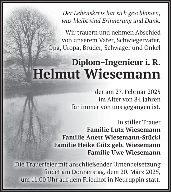 Traueranzeige von Helmut Wiesemann von Märkische Oderzeitung