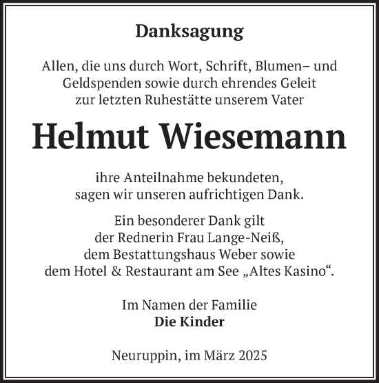 Traueranzeige von Helmut Wiesemann von Märkische Oderzeitung