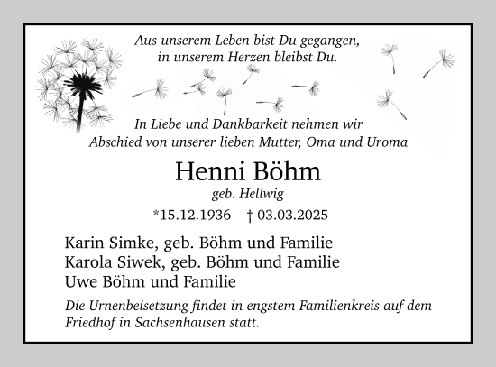 Traueranzeige von Henni Böhm von Märkische Oderzeitung