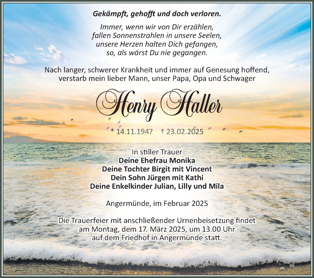  Traueranzeige für Henry Haller vom 08.03.2025 aus Märkische Oderzeitung