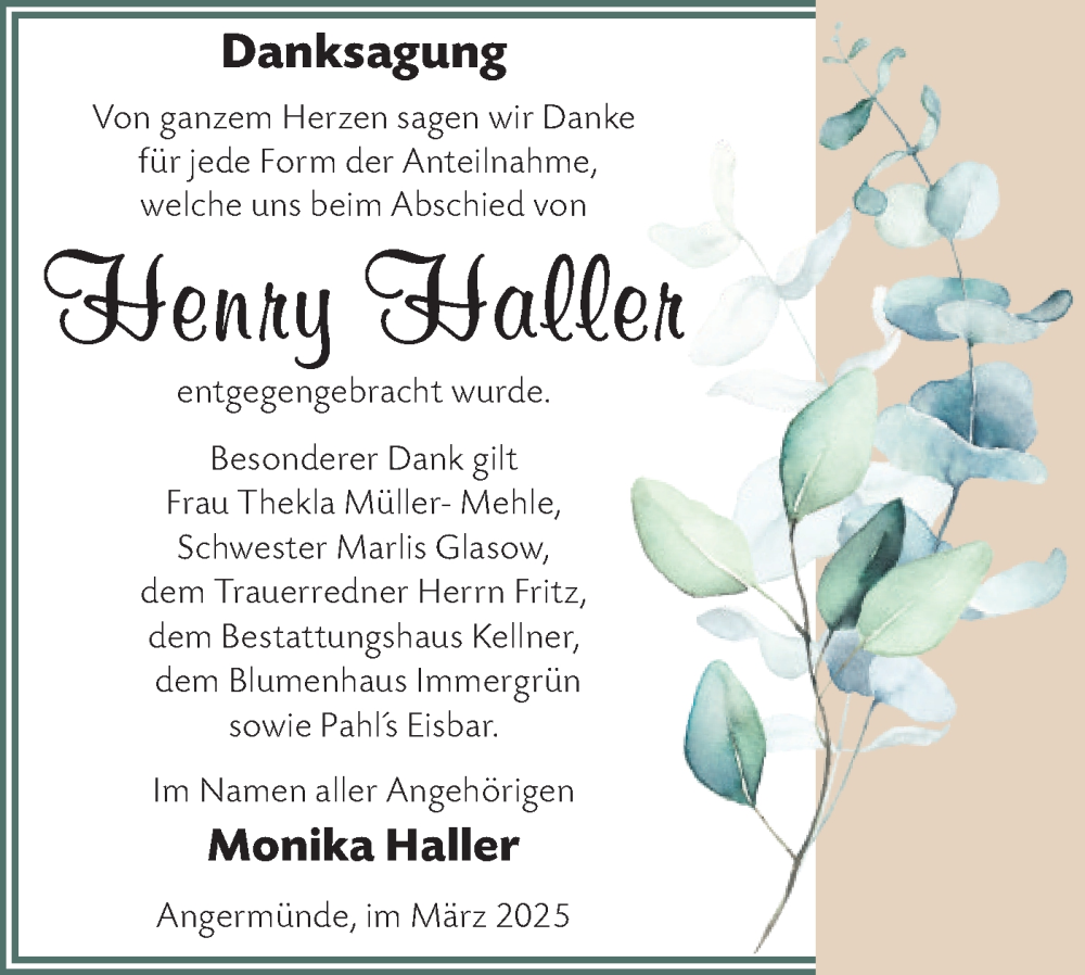  Traueranzeige für Henry Haller vom 29.03.2025 aus Märkische Oderzeitung