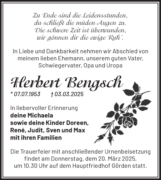 Traueranzeige von Herbert Bengsch von Märkische Oderzeitung