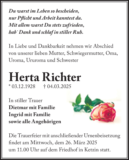 Traueranzeige von Herta Richter von Märkische Oderzeitung