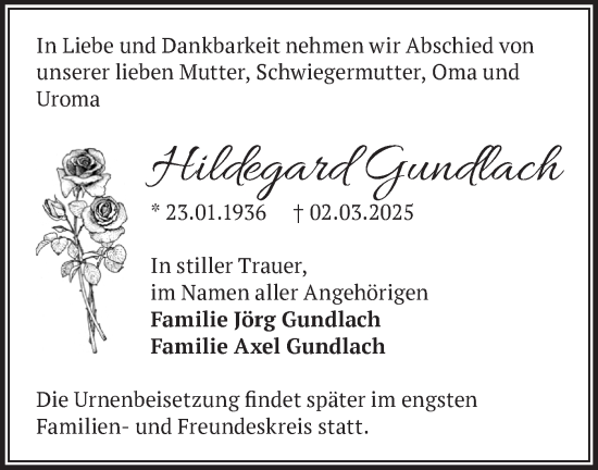 Traueranzeige von Hildegard Gundlach von Märkische Oderzeitung