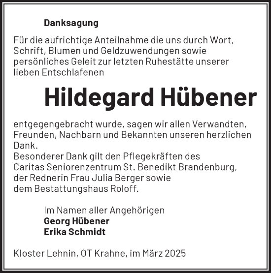 Traueranzeige von Hildegard Hübener von Märkische Oderzeitung