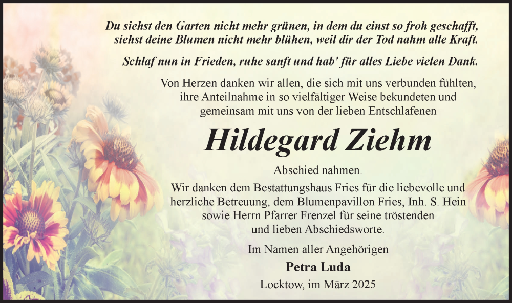  Traueranzeige für Hildegard Ziehm vom 15.03.2025 aus Märkische Oderzeitung