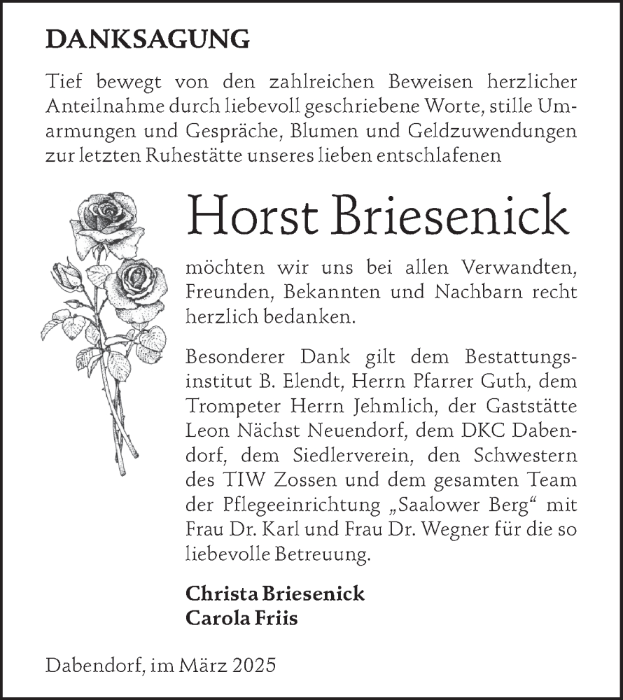  Traueranzeige für Horst Briesenick vom 22.03.2025 aus Märkische Oderzeitung