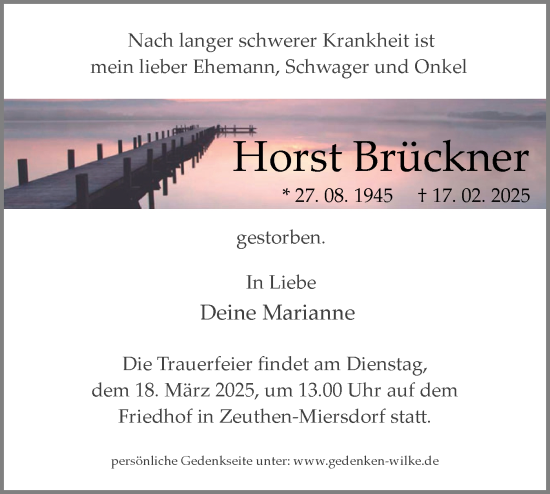 Traueranzeige von Horst Brückner von Märkische Oderzeitung