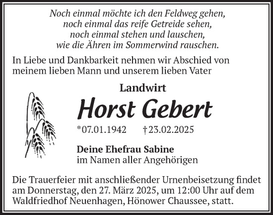Traueranzeige von Horst Gebert von Märkische Oderzeitung