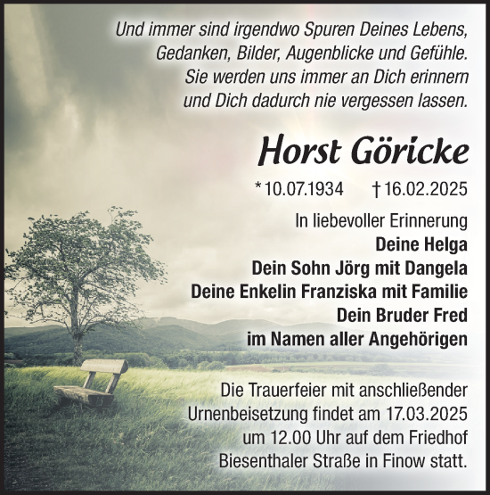 Traueranzeige von Horst Göricke von Märkische Oderzeitung