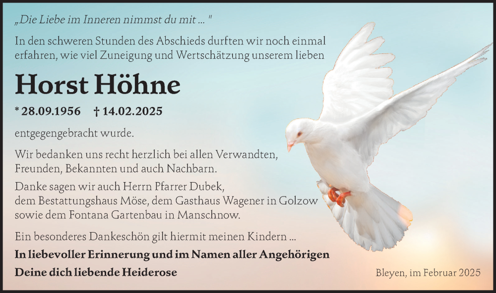  Traueranzeige für Horst Höhne vom 08.03.2025 aus Märkische Oderzeitung