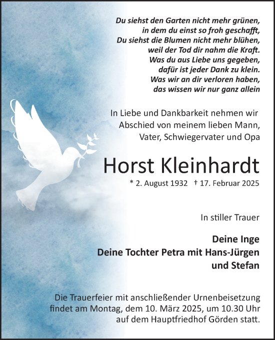 Traueranzeige von Horst Kleinhardt von Märkische Oderzeitung