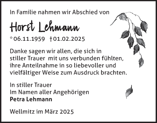 Traueranzeige von Horst Lehmann von Märkische Oderzeitung