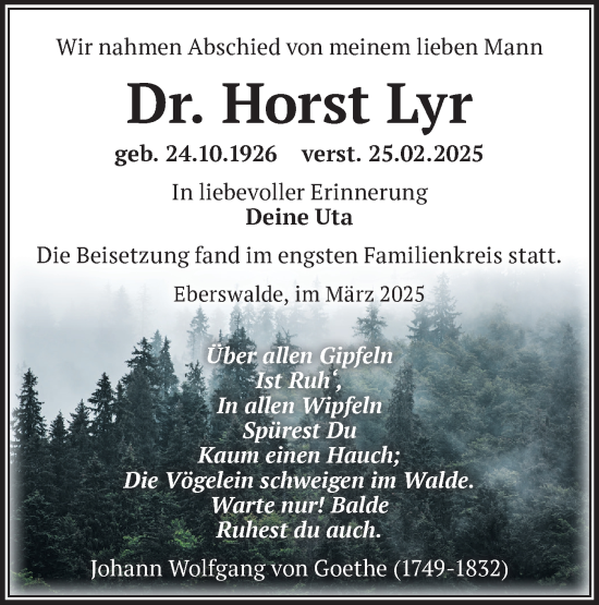 Traueranzeige von Horst Lyr von Märkische Oderzeitung