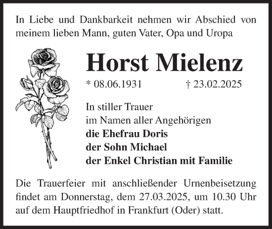 Traueranzeige von Horst Mielenz von Märkische Oderzeitung