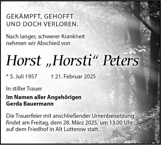 Traueranzeige von Horst Peters von Märkische Oderzeitung