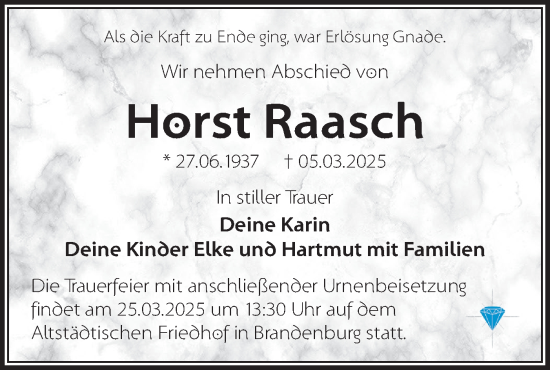 Traueranzeige von Horst Raasch von Märkische Oderzeitung