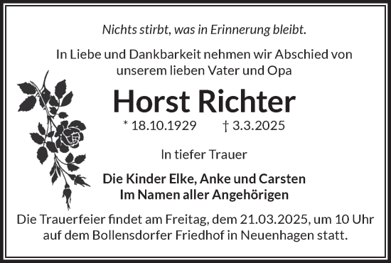 Traueranzeige von Horst Richter von Märkische Oderzeitung