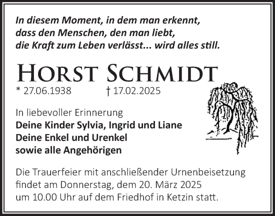 Traueranzeige von Horst Schmidt von Märkische Oderzeitung
