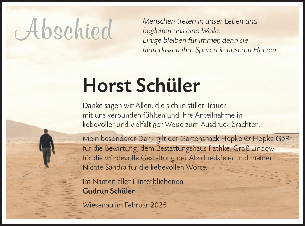  Traueranzeige für Horst Schüler vom 01.03.2025 aus Märkische Oderzeitung