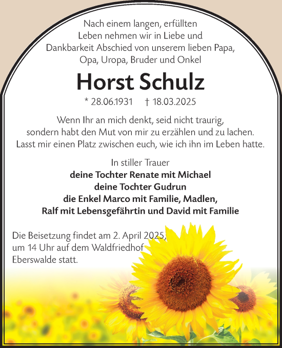 Traueranzeige von Horst Schulz von Märkische Oderzeitung