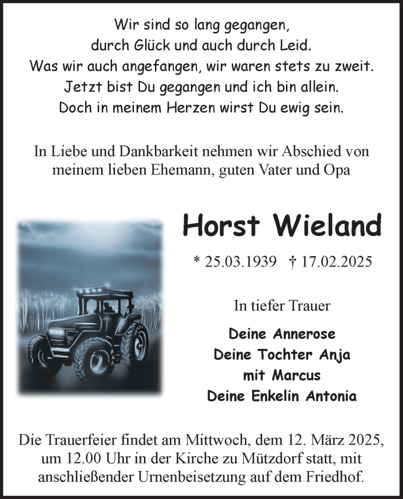  Traueranzeige für Horst Wieland vom 01.03.2025 aus Märkische Oderzeitung