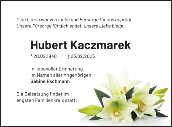 Traueranzeige von Hubert Kaczmarek von Märkische Oderzeitung