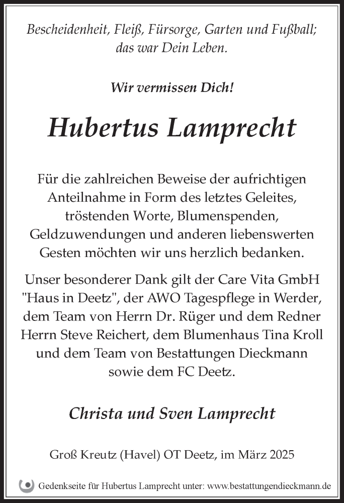  Traueranzeige für Hubertus Lamprecht vom 08.03.2025 aus Märkische Oderzeitung