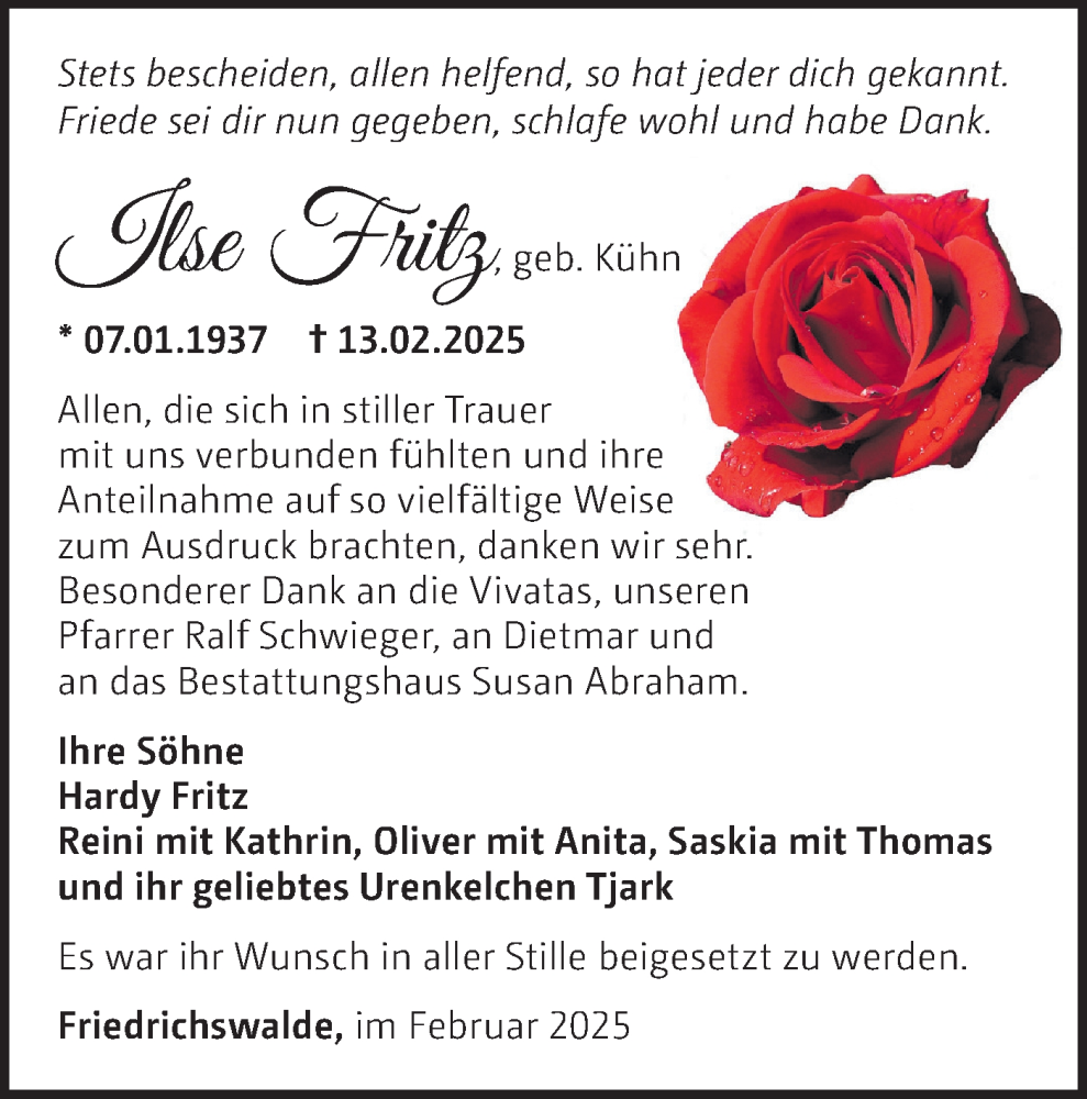  Traueranzeige für Ilse Fritz vom 01.03.2025 aus Märkische Oderzeitung