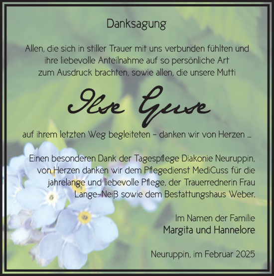 Traueranzeige von Ilse Guse von Märkische Oderzeitung
