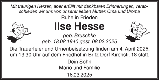 Traueranzeige von Ilse Hesse von Märkische Oderzeitung