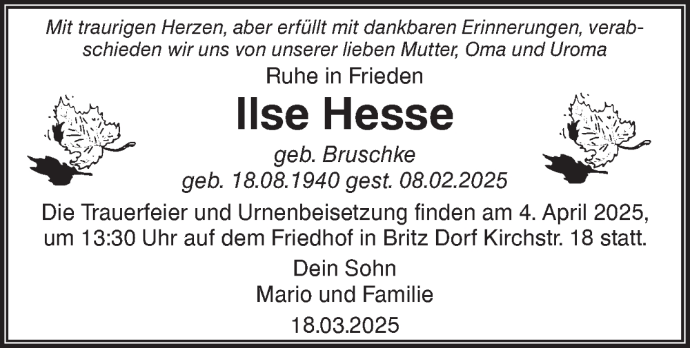  Traueranzeige für Ilse Hesse vom 22.03.2025 aus Märkische Oderzeitung