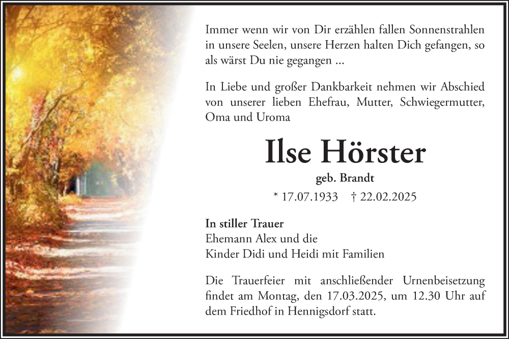  Traueranzeige für Ilse Hörster vom 08.03.2025 aus Märkische Oderzeitung