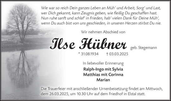 Traueranzeige von Ilse Hübner von Märkische Oderzeitung