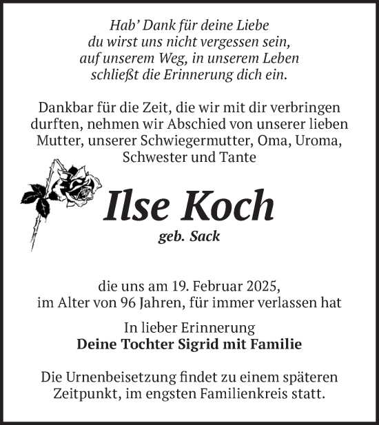 Traueranzeige von Ilse Koch von Märkische Oderzeitung