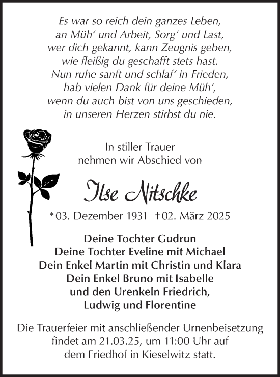 Traueranzeige von Ilse Nitschke von Märkische Oderzeitung