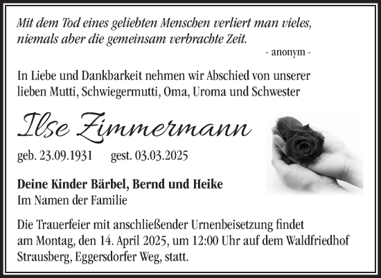 Traueranzeige von Ilse Zimmermann von Märkische Oderzeitung