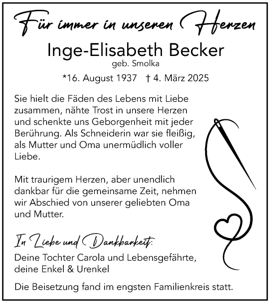 Traueranzeige von Inge-Elisabeth Becker von Märkische Oderzeitung