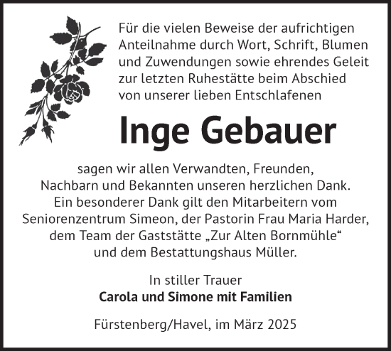 Traueranzeige von Inge Gebauer von Märkische Oderzeitung