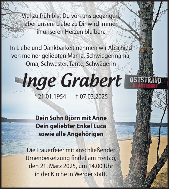 Traueranzeige von Inge Grabert von Märkische Oderzeitung