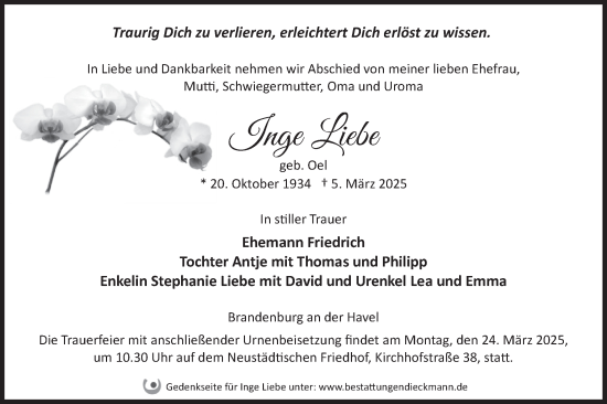 Traueranzeige von Inge Liebe von Märkische Oderzeitung