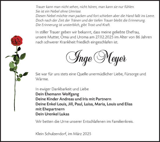 Traueranzeige von Inge Meyer von Märkische Oderzeitung