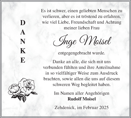 Traueranzeige von Inge Moisel von Märkische Oderzeitung