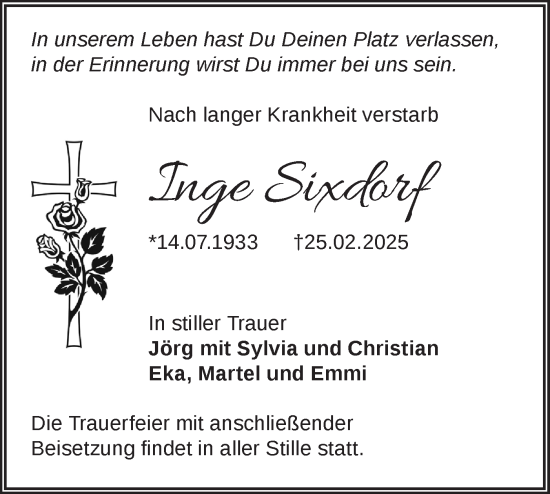 Traueranzeige von Inge Sixdorf von Märkische Oderzeitung