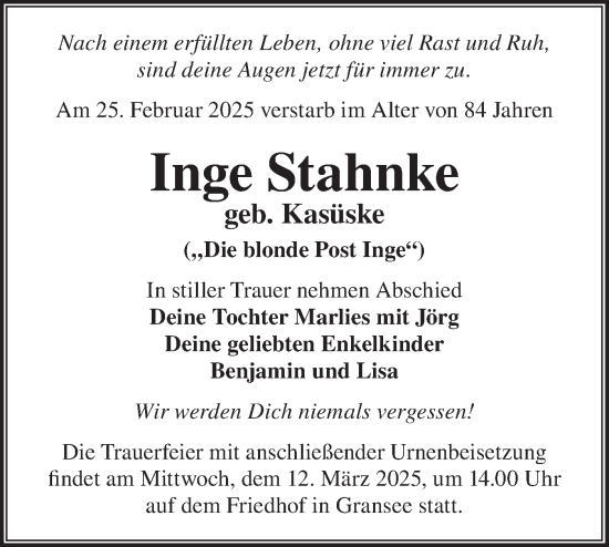 Traueranzeige von Inge Stahnke von Märkische Oderzeitung
