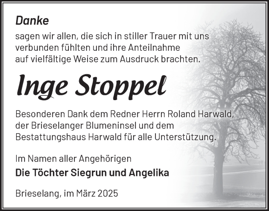 Traueranzeige von Inge Stoppel von Märkische Oderzeitung